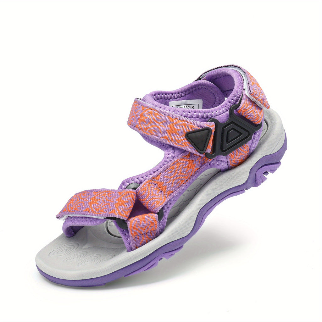 Kids' Sport Sandals with Patterned Adjustable Straps and Open Toes in Purple or Mint-Toned Summer Designs