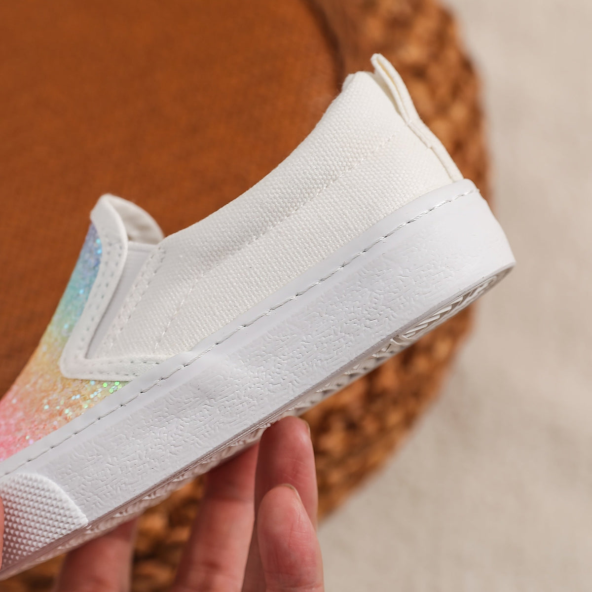 Kids' Rainbow Gradient Slip-On Sneakers with Glitter Front Panels and White Soles for Colorful Outfits