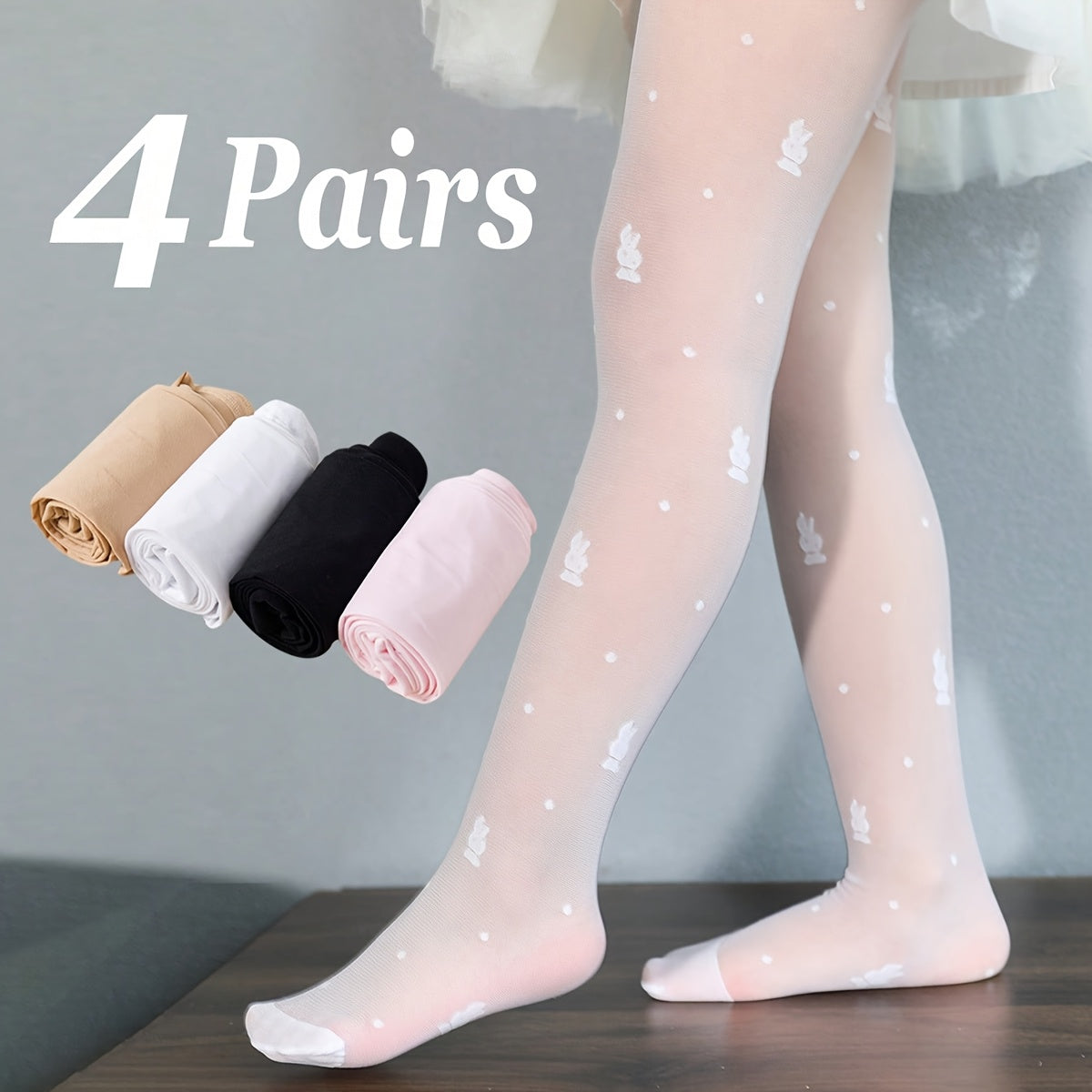 Girls' Bunny Mesh Tights Four Pair Pack in Black, White, Beige and Pink for Dresses and Everyday Layering