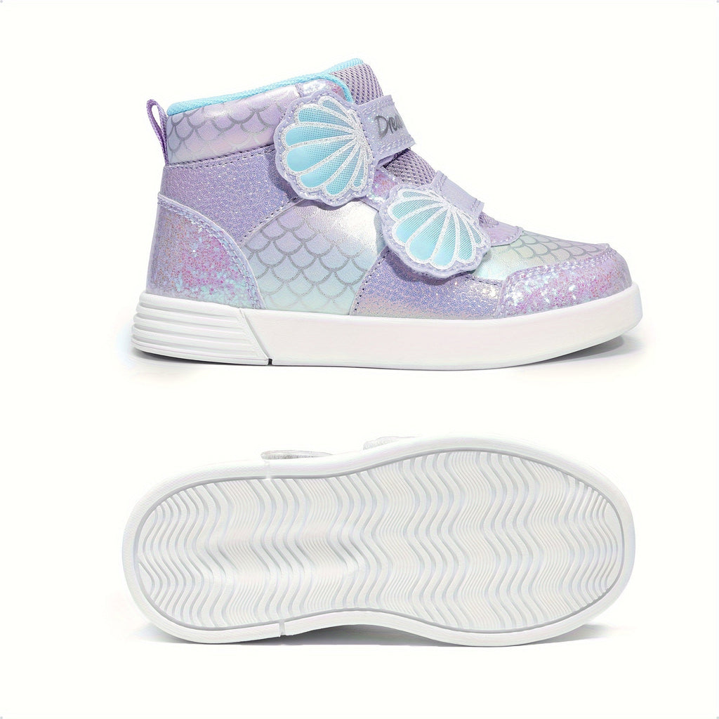 Girls' Mermaid High Top Sneakers with Glitter Panels and Shell Strap Details for Playful Outfits