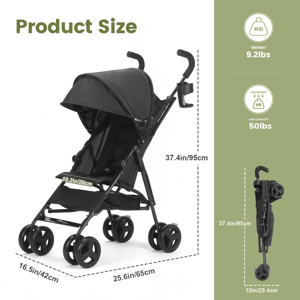 Lightweight Umbrella Stroller with a Compact Folding Frame and Sun Canopy in Dark Green, Pink or Gray