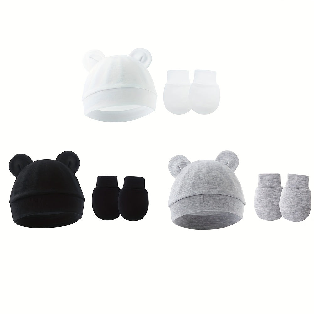 Newborn Hat and Mitten Sets with Bear Ear Details in Coordinating Solid Colors for Everyday Baby Outfits