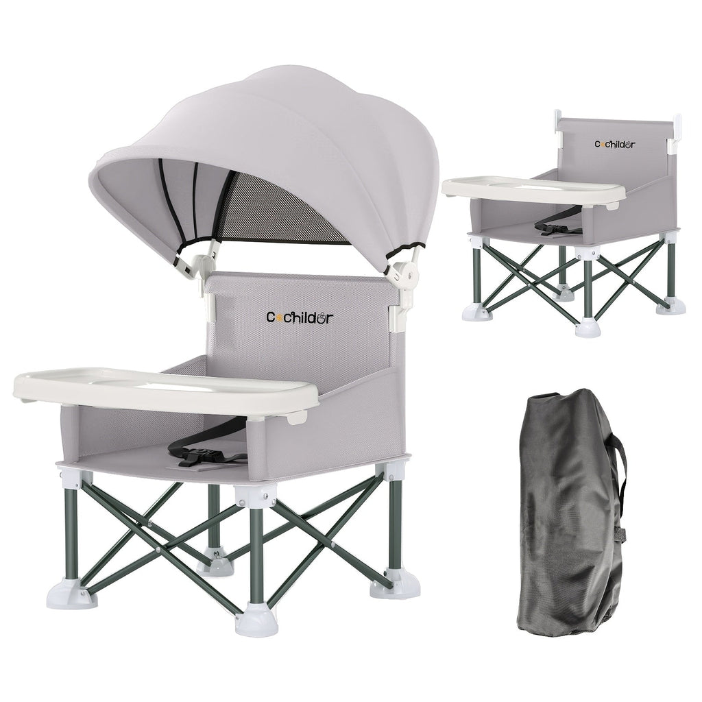 Portable Baby Booster Seat with a Canopy and Detachable Feeding Tray for Family Meals on Days Out