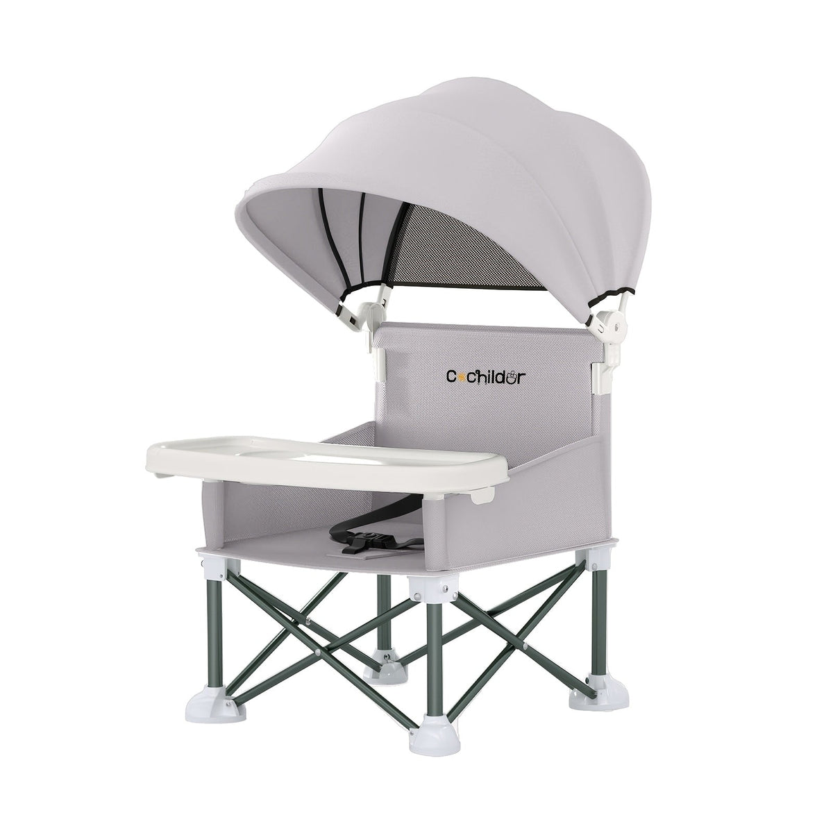 Portable Baby Booster Seat with a Canopy and Detachable Feeding Tray for Family Meals on Days Out