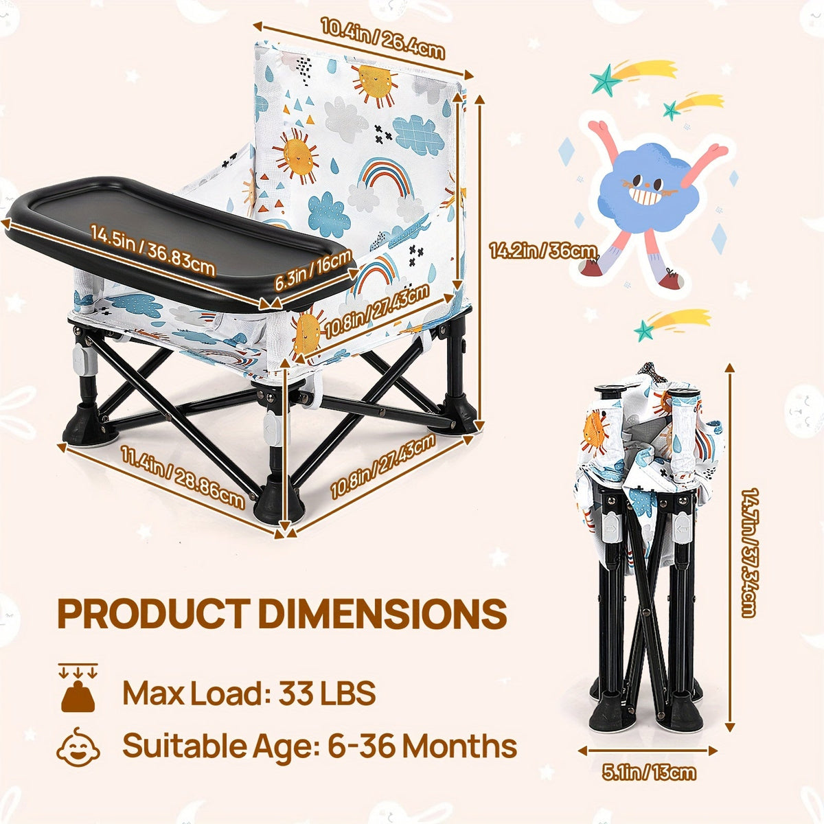 Printed Baby Booster Seat in Sunny, Cloud or Floral Designs Featuring a Folding Frame and Black Tray