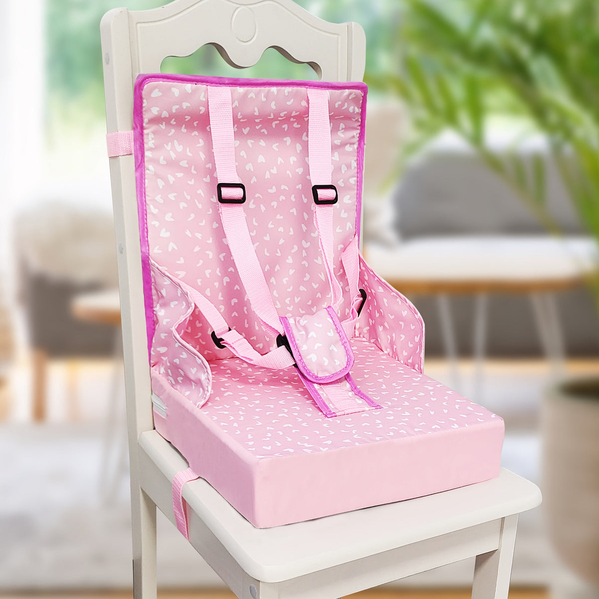 Dining Booster Seat Cushion with an Attached Back Pad and Adjustable Straps in Playful Printed Designs