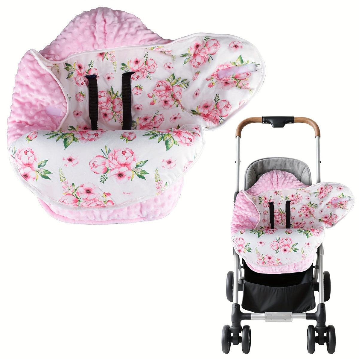 Hooded Stroller Wrap Blanket with Foldover Wings and Harness Openings in Rainbow or Geometric Leaf Print