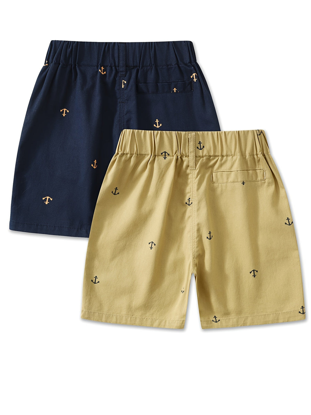 Toddler Boys' Anchor Print Cotton Shorts 2-Pack in Khaki and Navy with Pockets for Summer Outfits