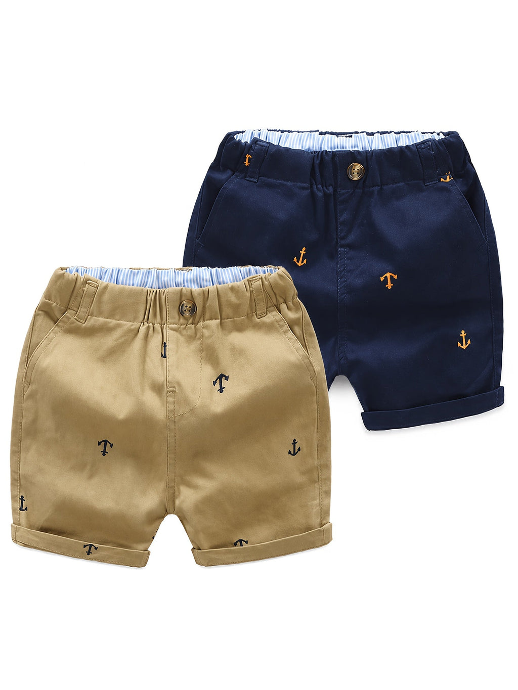 Toddler Boys' Anchor Print Cotton Shorts 2-Pack in Khaki and Navy with Pockets for Summer Outfits