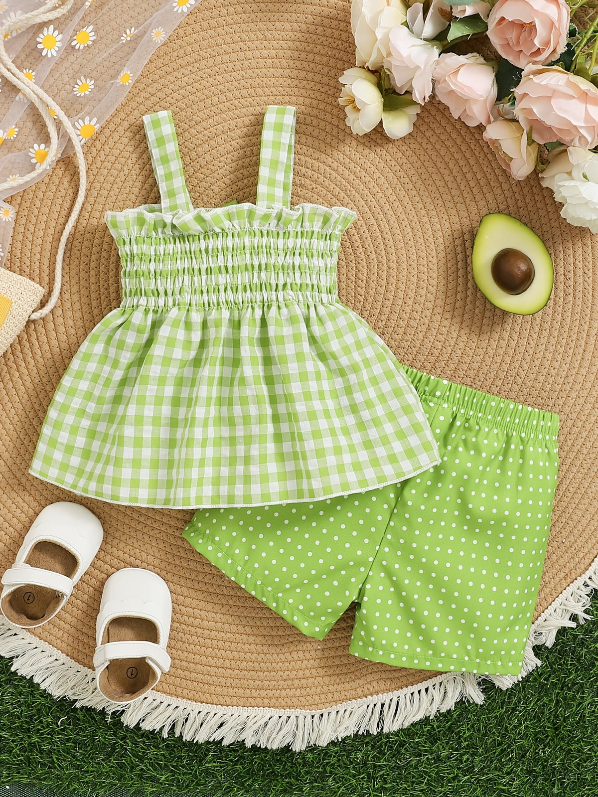 Toddler Girls Shorts Set in Red Gingham with a Strawberry Top and Matching Polka Dot Bottoms