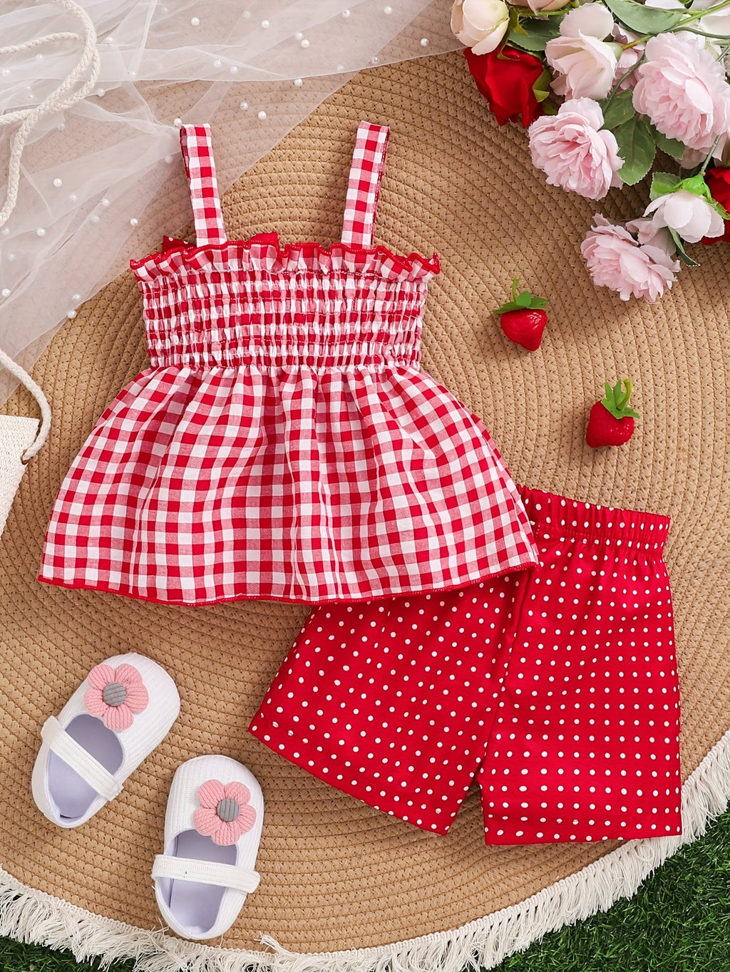 Toddler Girls Shorts Set in Red Gingham with a Strawberry Top and Matching Polka Dot Bottoms