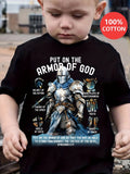 Kids' Black Cotton Faith Graphic T-Shirt with Armor of God Print and Short Sleeves for Everyday Wear
