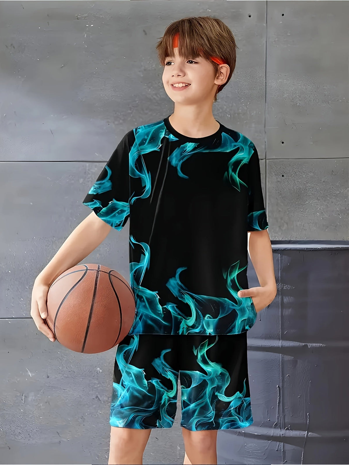 Boys' Three Flame Print Shirt and Shorts Sets in Orange Green and Blue with Crew Neck Short Sleeve Tops