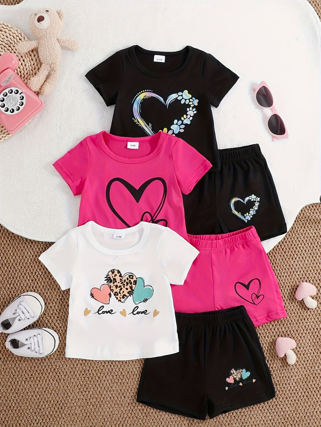 Baby Girls' Heart Print Shorts Outfits with Three Short Sleeve Tops and Matching Shorts for Summer