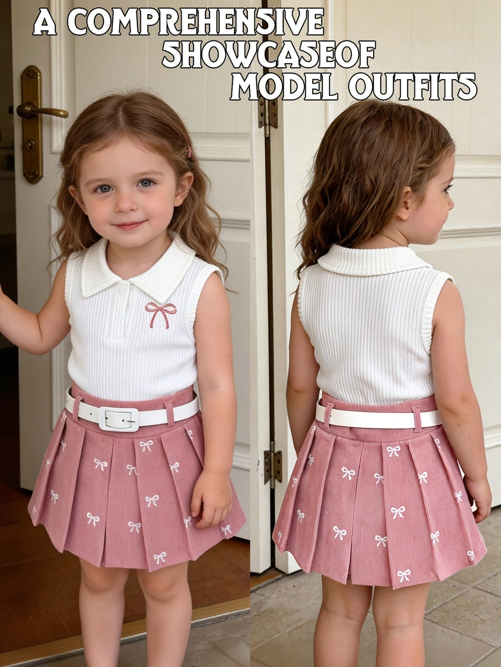 Toddler Girls' Skirt Outfit with a White Collared Bow Top and Pink Pleated Skirt, Including a Belt