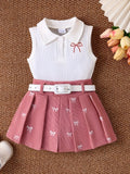 Toddler Girls' Skirt Outfit with a White Collared Bow Top and Pink Pleated Skirt, Including a Belt