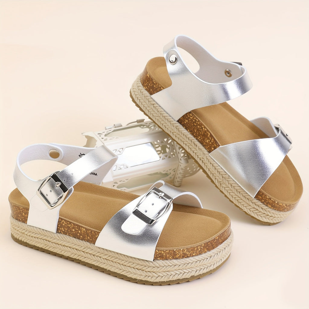 Kids' Buckle Sandals with Rear Straps and Contoured Footbeds in White, Black or Silver for Summer Outfits