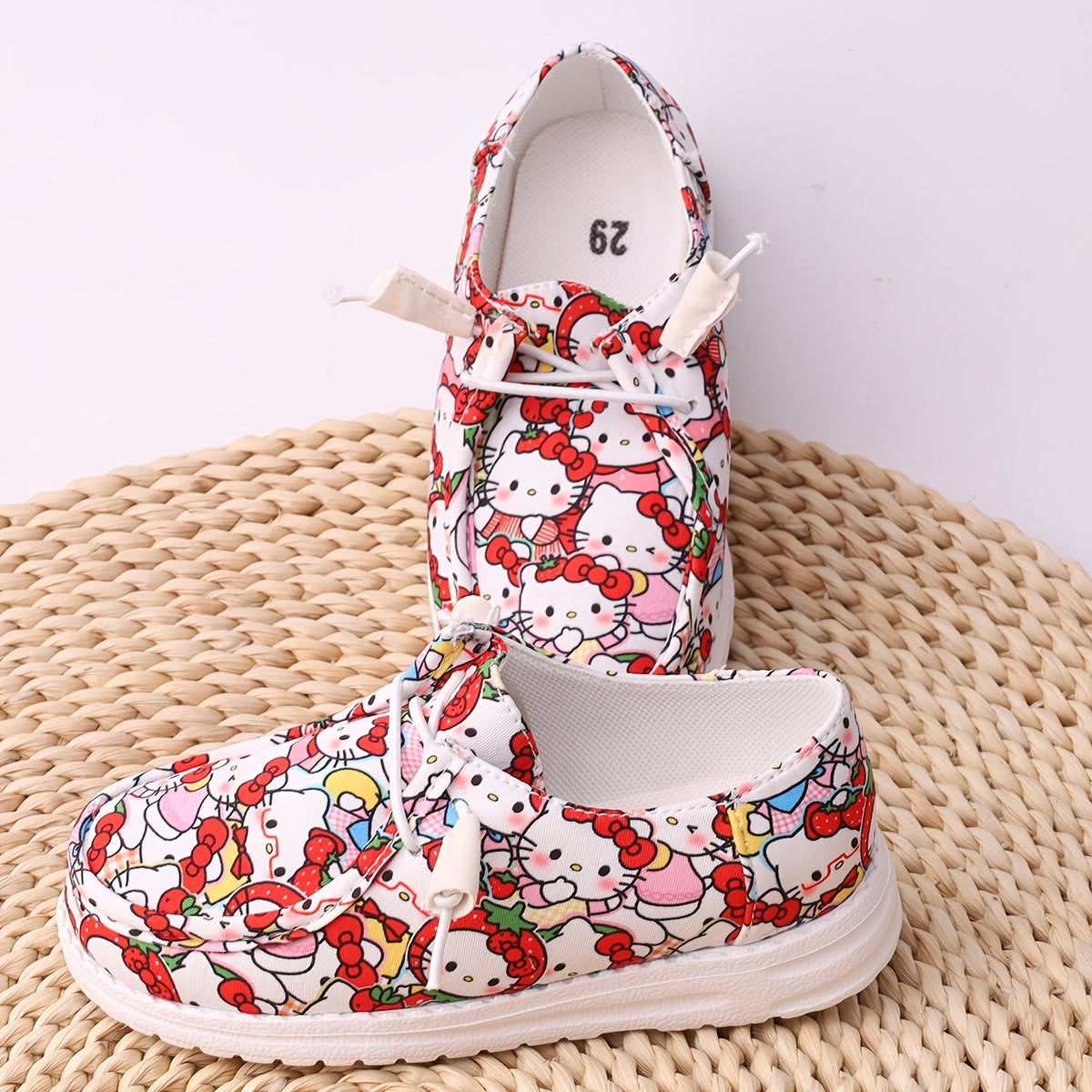 Kids' Cartoon Cat Casual Sneakers with Red Bow Prints and White Soles for Playful Everyday Outfits